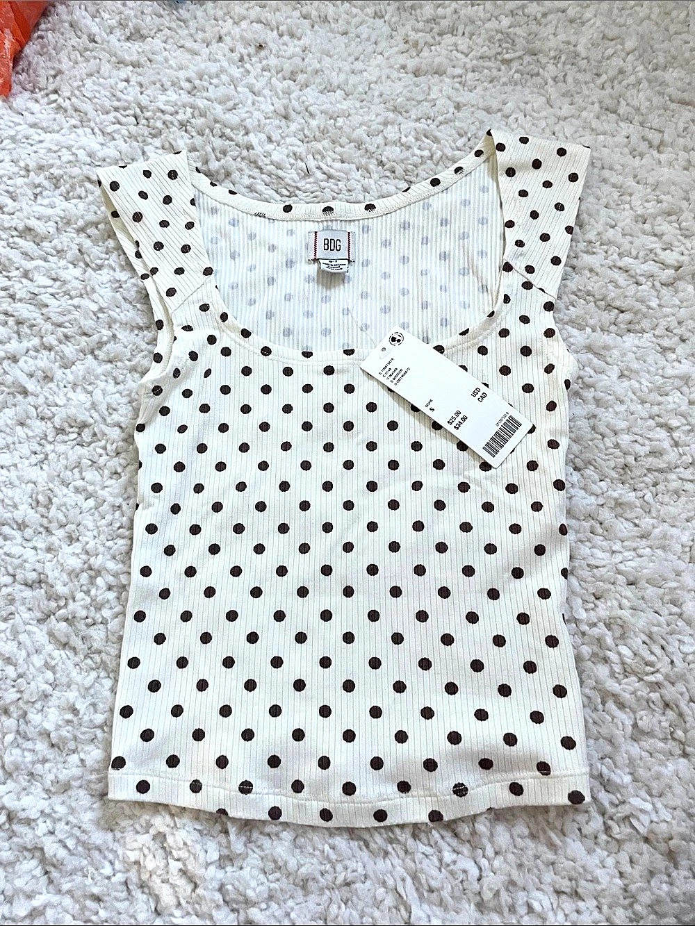 NWT BDG Ribbed Square Neck Tank Top Polka Dot White & Brown Small